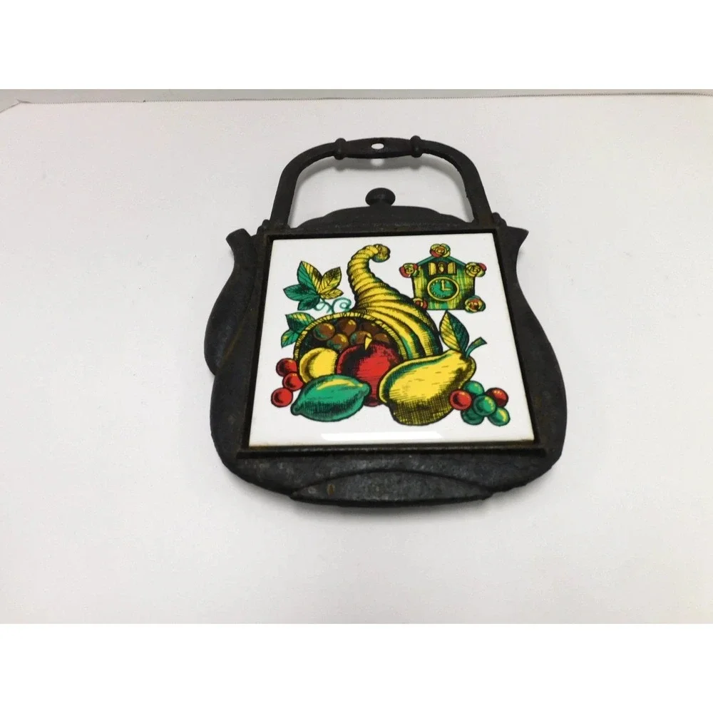 Vtg Decorama Cast Iron Teapot Trivets Set of 2 Ceramic Tile Fruit Harvest DW71